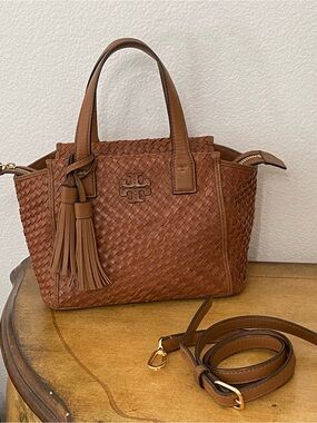 Tory Burch Thea Woven Leather Satchel Crossbody with Tassel - Medium Size
